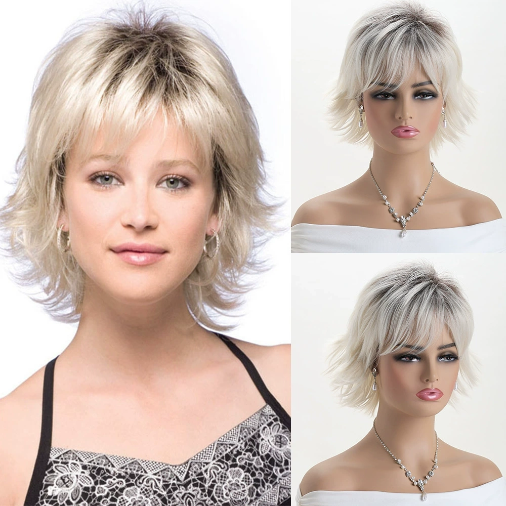 Short Hair Wigs with Bangs Dark Brown Mixed Blonde Pixie Cut Wig for Women Straight Synthetic Fiber Wigs
