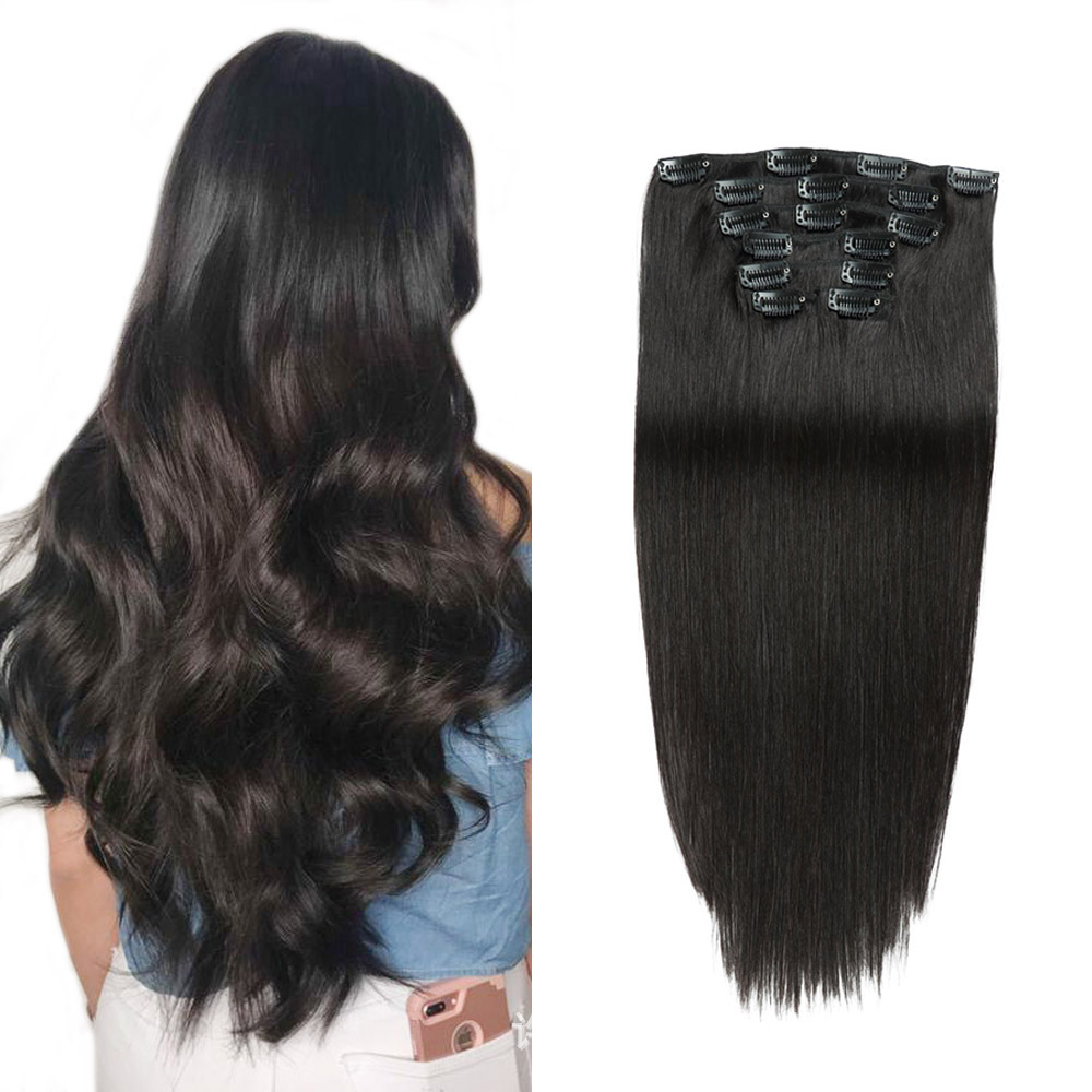 Natural Black #1B Straight Clip In Hair Extension FullHead set 7pcs 100g 100% Human Hair  Seamless Clip InRemy Human Hair Extensions
