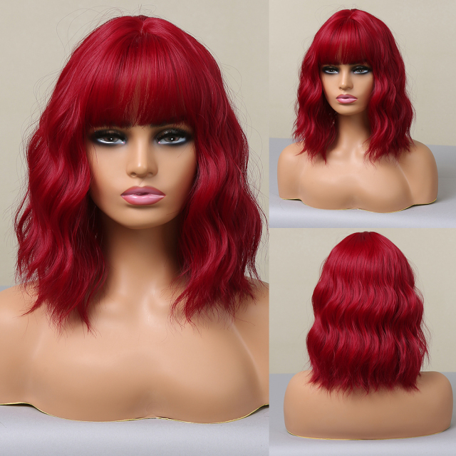14 inch Short Wave  Brown Bob Wigs With Fringe Shoulder Length  Curly Wavy Synthetic Cosplay Wigs for Women