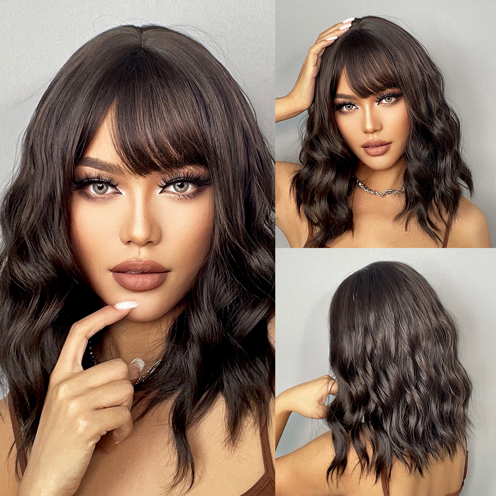14 inch Short Wave  Brown Bob Wigs With Fringe Shoulder Length  Curly Wavy Synthetic Cosplay Wigs for Women