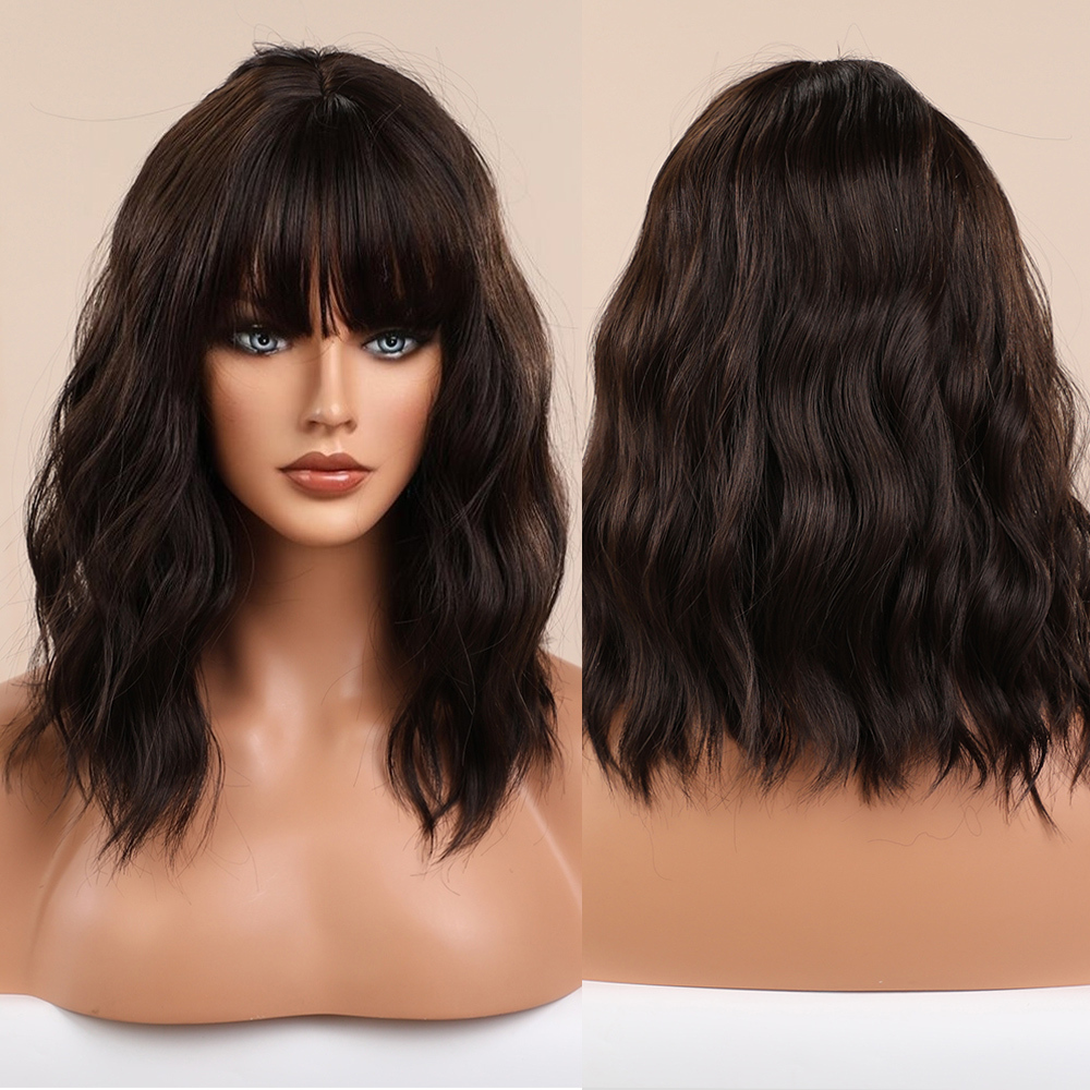 14 inch Short Wave  Brown Bob Wigs With Fringe Shoulder Length  Curly Wavy Synthetic Cosplay Wigs for Women
