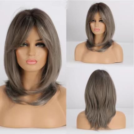 Medium Layered Synthetic Wigs with Bangs Straight Short Highlights Blonde Hair Wig with for Women Natural Daily Cosplay Wigs