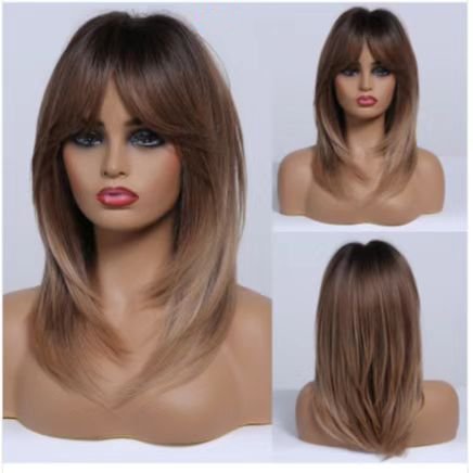 Medium Layered Synthetic Wigs with Bangs Straight Short Highlights Blonde Hair Wig with for Women Natural Daily Cosplay Wigs