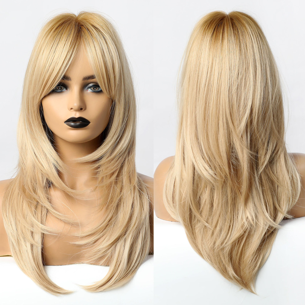 Medium Layered Synthetic Wigs with Bangs Straight Short Highlights Blonde Hair Wig with for Women Natural Daily Cosplay Wigs