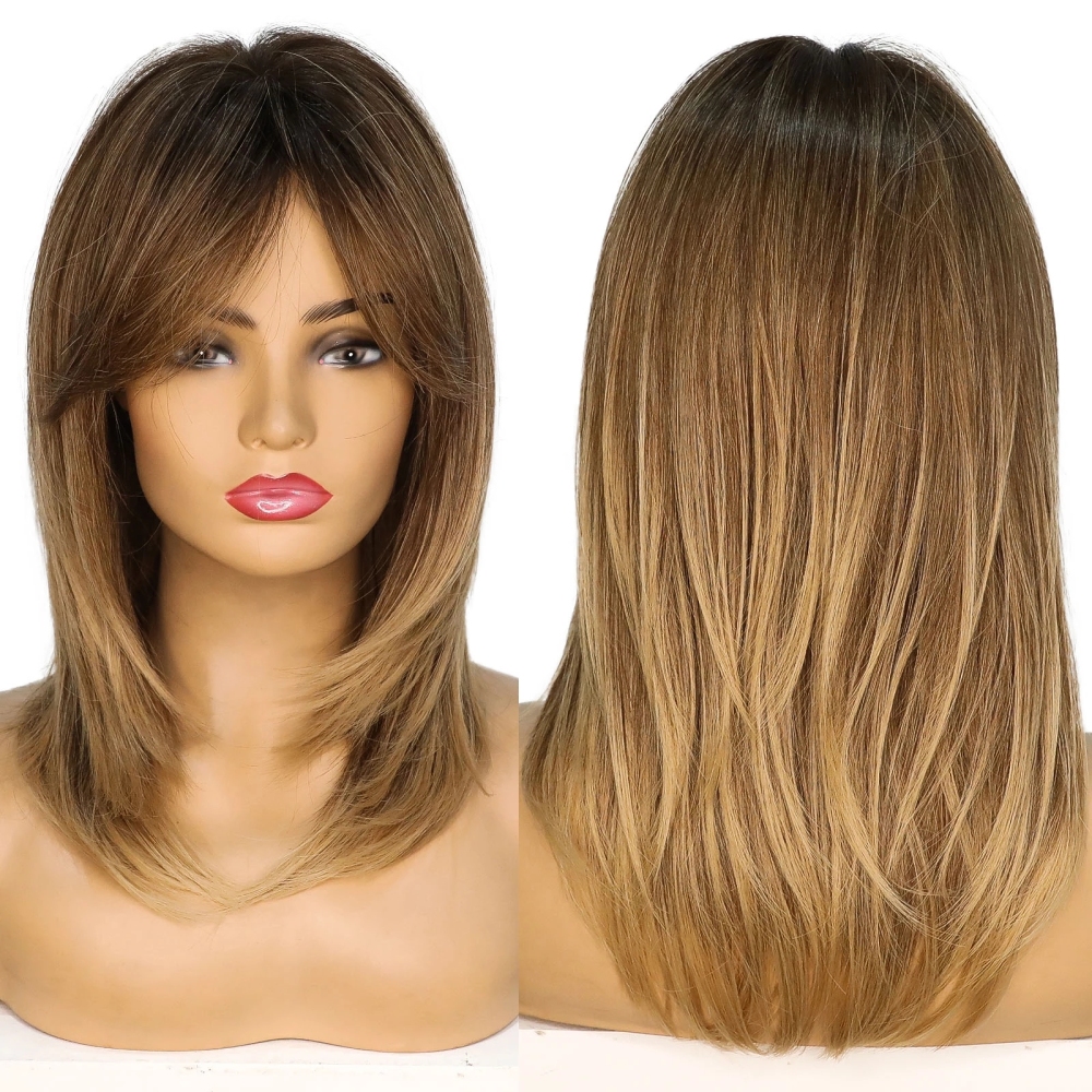 Medium Layered Synthetic Wigs with Bangs Straight Short Highlights Blonde Hair Wig with for Women Natural Daily Cosplay Wigs