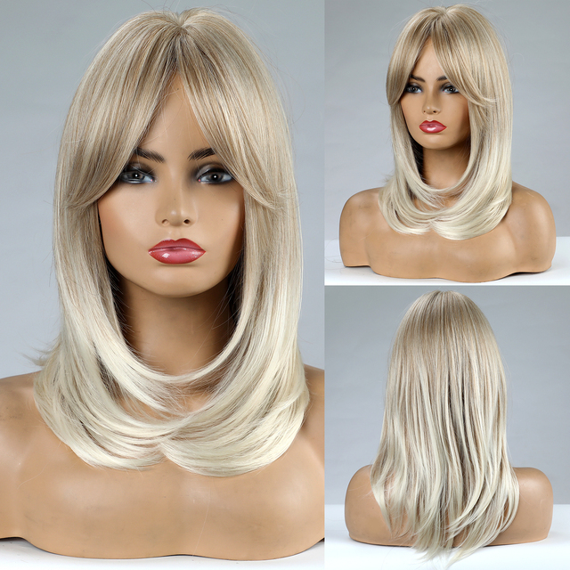 Medium Layered Synthetic Wigs with Bangs Straight Short Highlights Blonde Hair Wig with for Women Natural Daily Cosplay Wigs