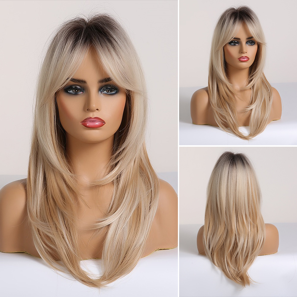 Synthetic Fiber Wigs for Women Straight Brown Blonde Wig with Bangs Heat Resistant Fashion Natural Daily Party