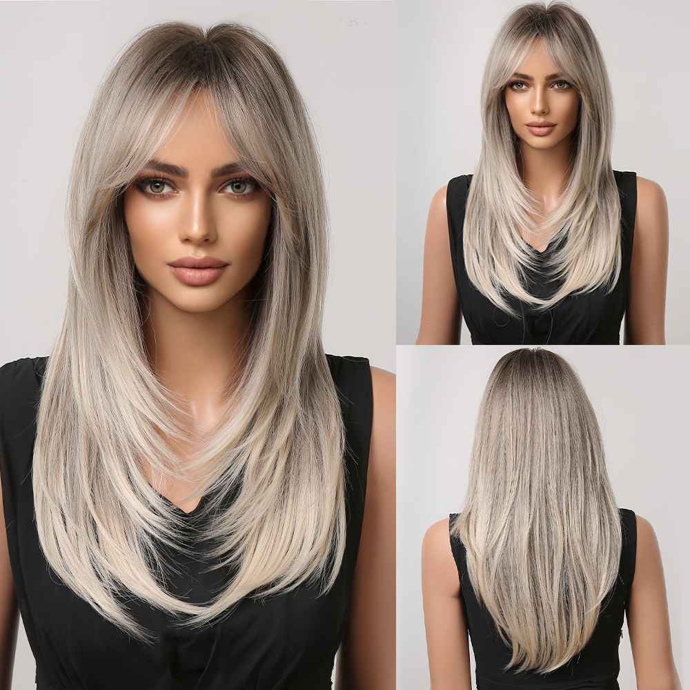 Synthetic Fiber Wigs for Women Straight Brown Blonde Wig with Bangs Heat Resistant Fashion Natural Daily Party