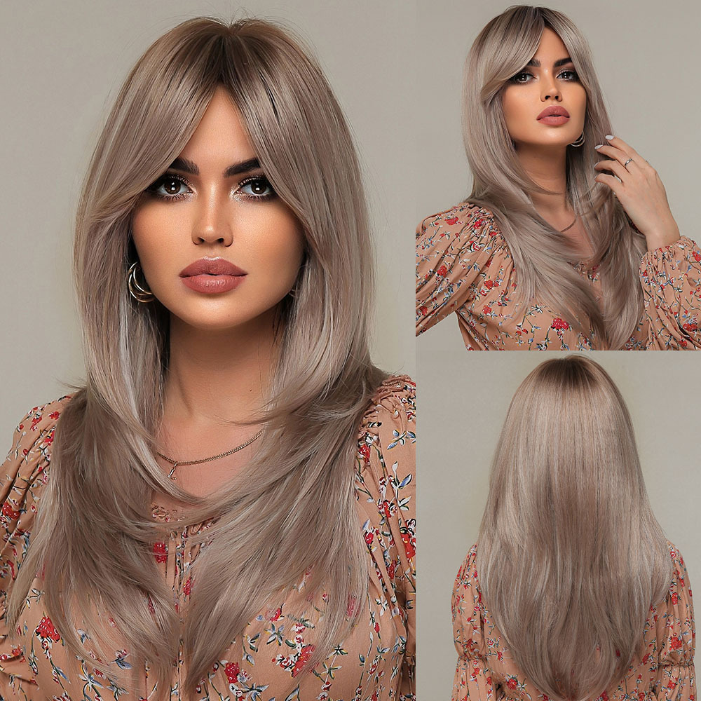 Synthetic Fiber Wigs for Women Straight Brown Blonde Wig with Bangs Heat Resistant Fashion Natural Daily Party