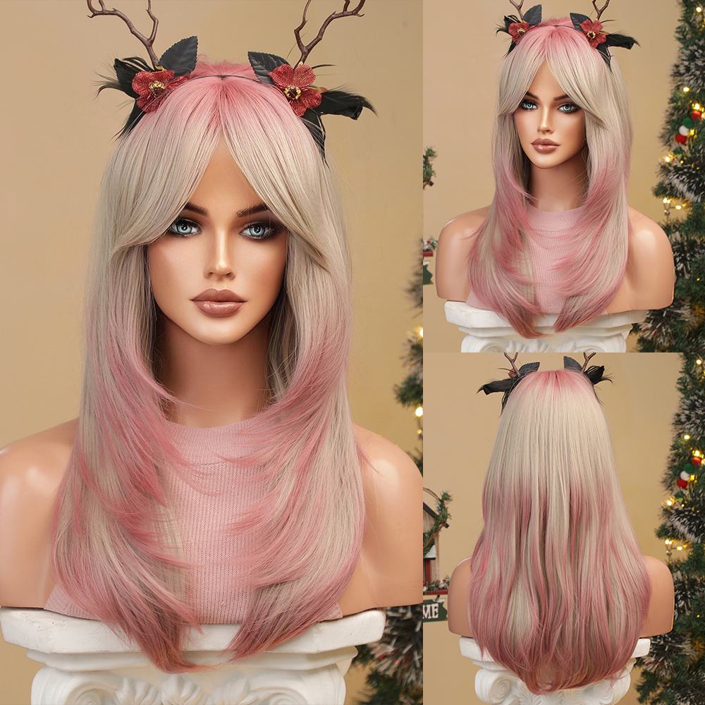 Synthetic Fiber Wigs for Women Straight Brown Blonde Wig with Bangs Heat Resistant Fashion Natural Daily Party