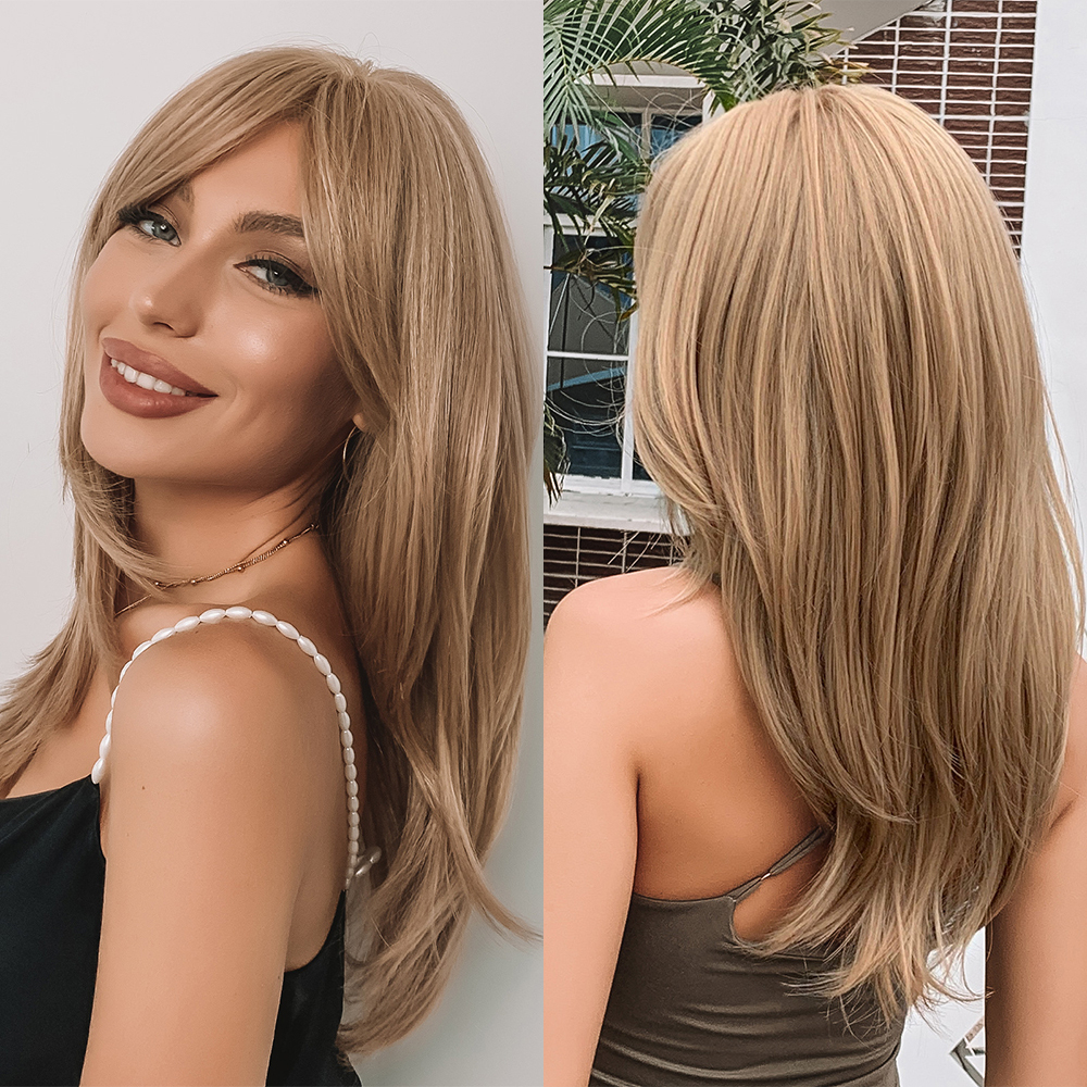 Synthetic Fiber Wigs for Women Straight Brown Blonde Wig with Bangs Heat Resistant Fashion Natural Daily Party