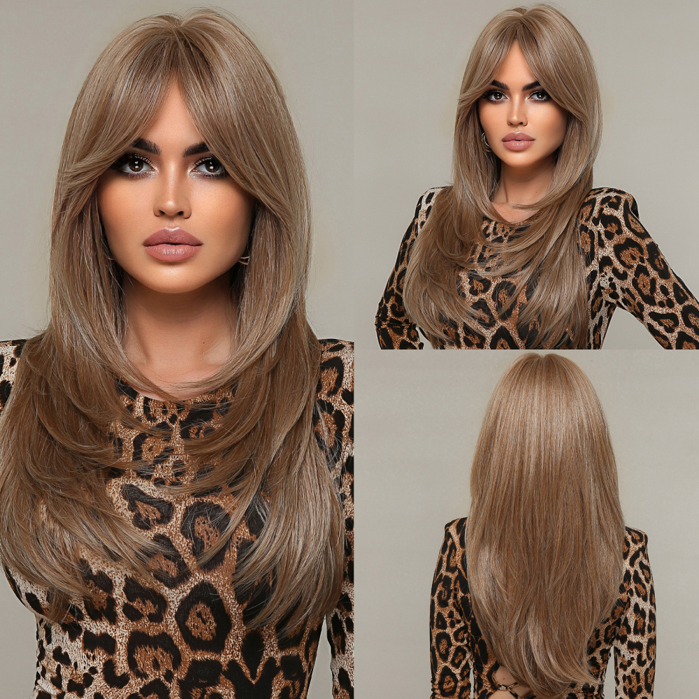 MidLength 20 inch  Straight Synthetic Wig   Fringe Brown Gradient Natural Wig For Women