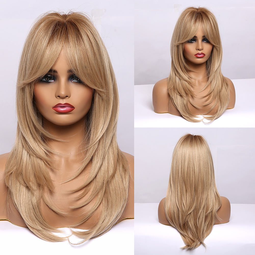 Synthetic Fiber Wigs for Women Straight Brown Blonde Wig with Bangs Heat Resistant Fashion Natural Daily Party