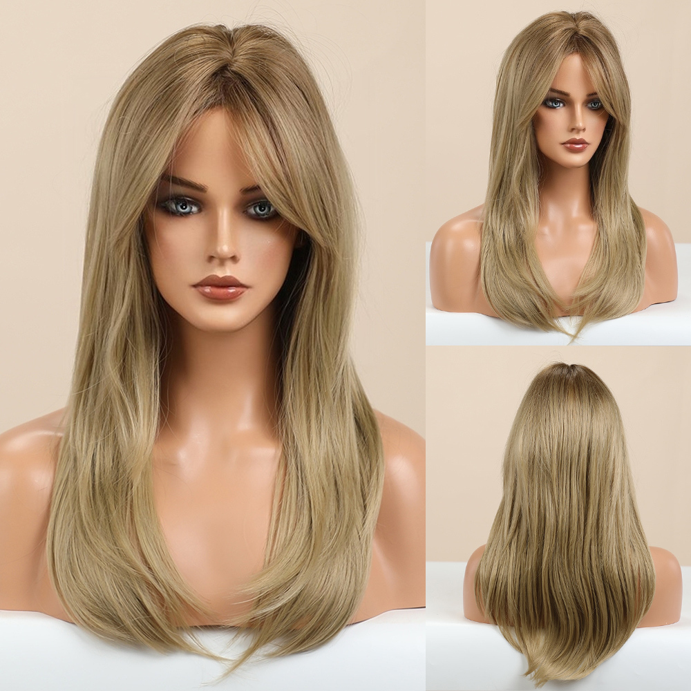 Synthetic Fiber Wigs for Women Straight Brown Blonde Wig with Bangs Heat Resistant Fashion Natural Daily Party