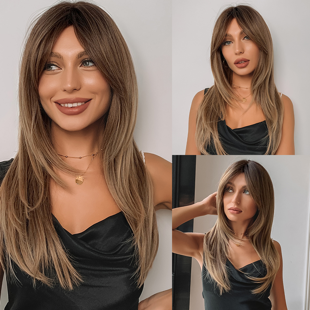 Synthetic Fiber Wigs for Women Straight Brown Blonde Wig with Bangs Heat Resistant Fashion Natural Daily Party