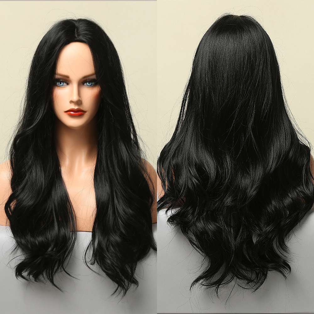 Black Long Body Wavy Synthetic Wigs for Women Natural wave Hair Wigs Middle Part Heat Resistant Fiber Daily Use