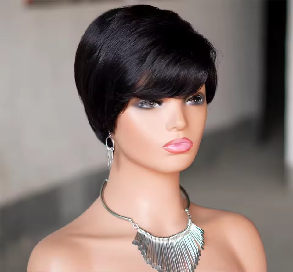 hort Pixie Cut Human Hair Wigs Black Layered Straight Bob Wigs with Bangs Machine Made Women Human Hair Wig for Daily