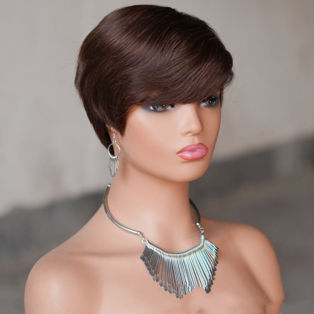 hort Pixie Cut Human Hair Wigs Black Layered Straight Bob Wigs with Bangs Machine Made Women Human Hair Wig for Daily