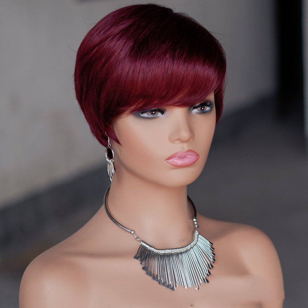 hort Pixie Cut Human Hair Wigs Black Layered Straight Bob Wigs with Bangs Machine Made Women Human Hair Wig for Daily
