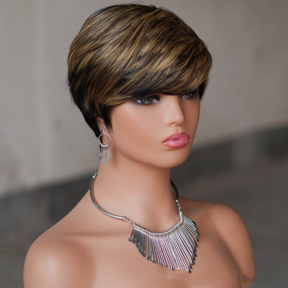 hort Pixie Cut Human Hair Wigs Black Layered Straight Bob Wigs with Bangs Machine Made Women Human Hair Wig for Daily