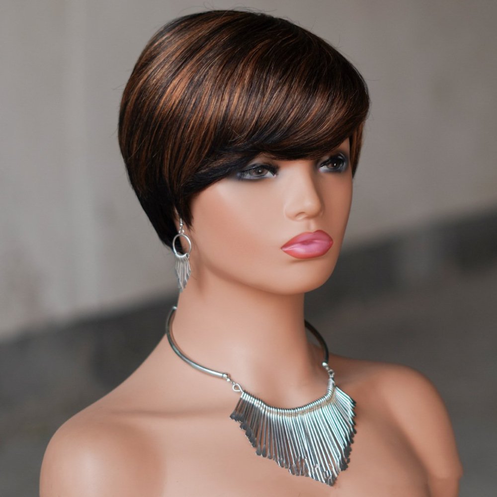 hort Pixie Cut Human Hair Wigs Black Layered Straight Bob Wigs with Bangs Machine Made Women Human Hair Wig for Daily