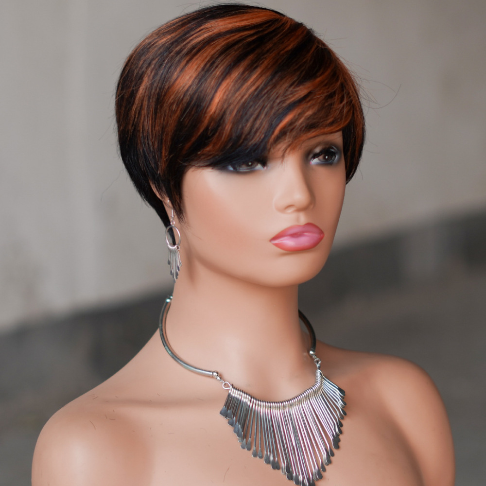 hort Pixie Cut Human Hair Wigs Black Layered Straight Bob Wigs with Bangs Machine Made Women Human Hair Wig for Daily