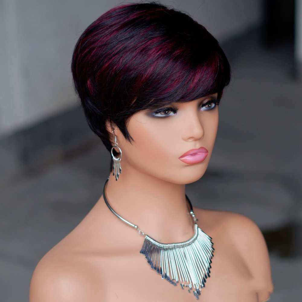 hort Pixie Cut Human Hair Wigs Black Layered Straight Bob Wigs with Bangs Machine Made Women Human Hair Wig for Daily