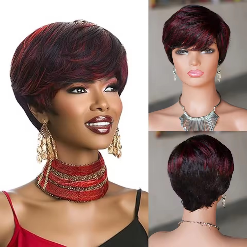 hort Pixie Cut Human Hair Wigs Black Layered Straight Bob Wigs with Bangs Machine Made Women Human Hair Wig for Daily