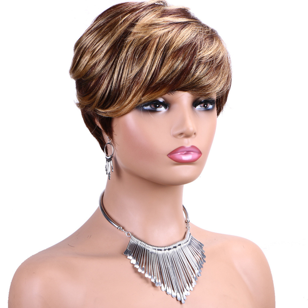 hort Pixie Cut Human Hair Wigs Black Layered Straight Bob Wigs with Bangs Machine Made Women Human Hair Wig for Daily