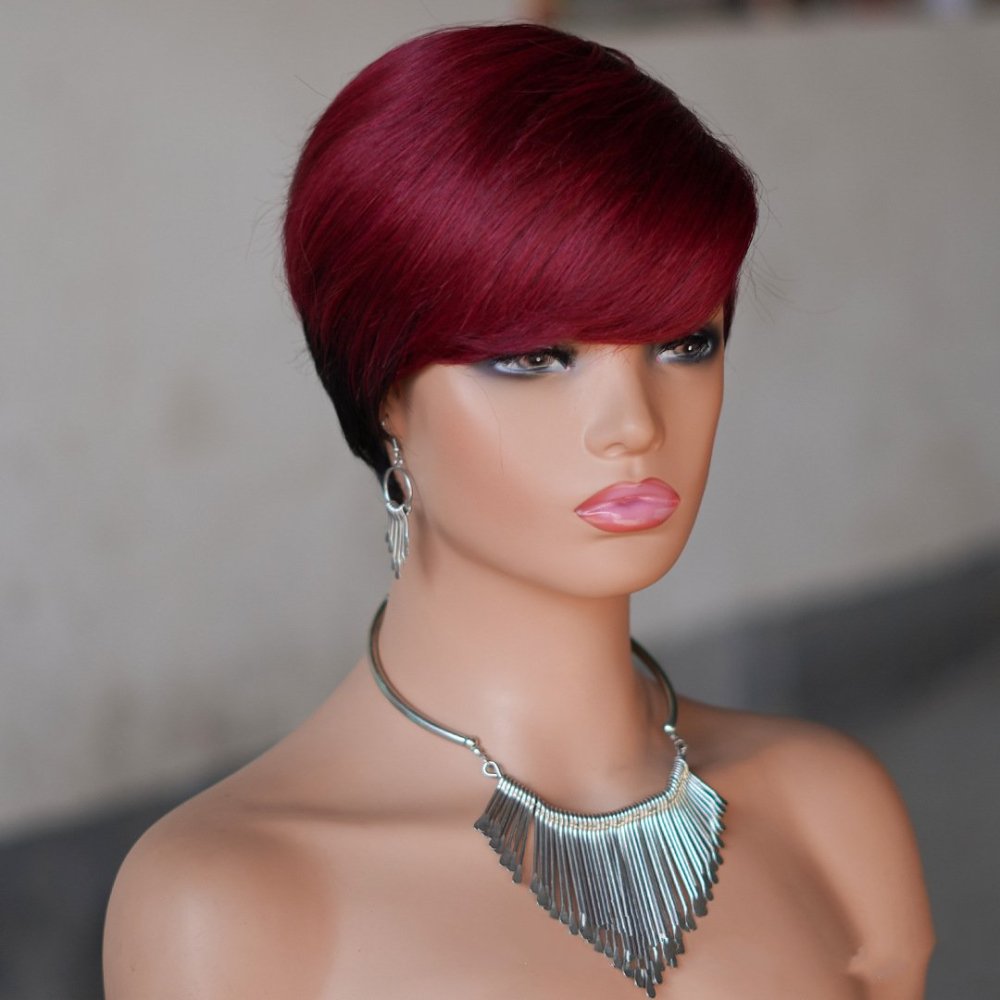 hort Pixie Cut Human Hair Wigs Black Layered Straight Bob Wigs with Bangs Machine Made Women Human Hair Wig for Daily