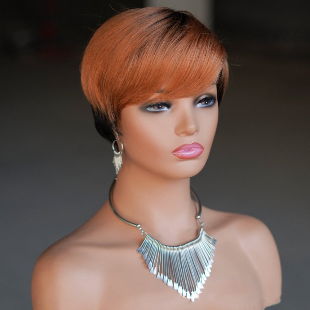 Short Pixie Cut Human Hair Wigs Black Layered Straight Bob Wigs with Bangs Machine Made Women Human Hair Wig for Daily