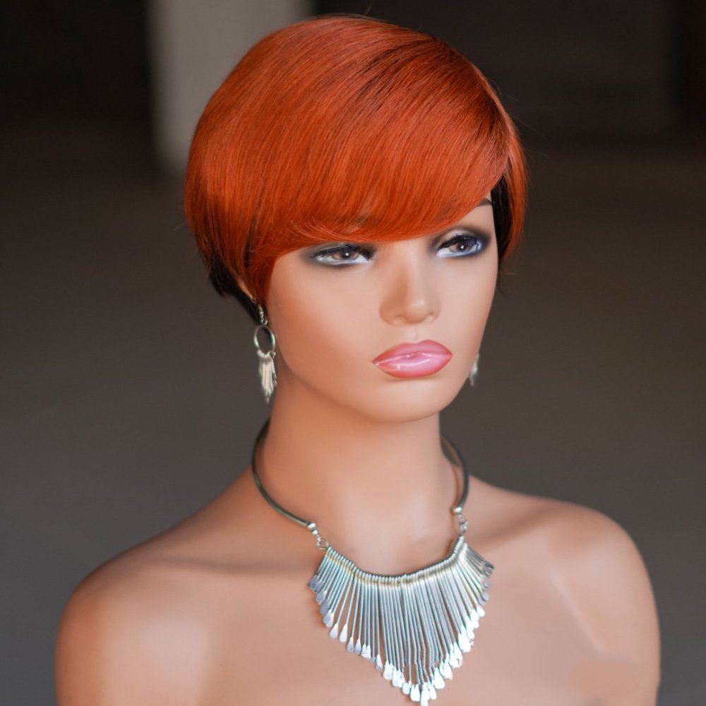 Short Pixie Cut Human Hair Wigs Black Layered Straight Bob Wigs with Bangs Machine Made Women Human Hair Wig for Daily