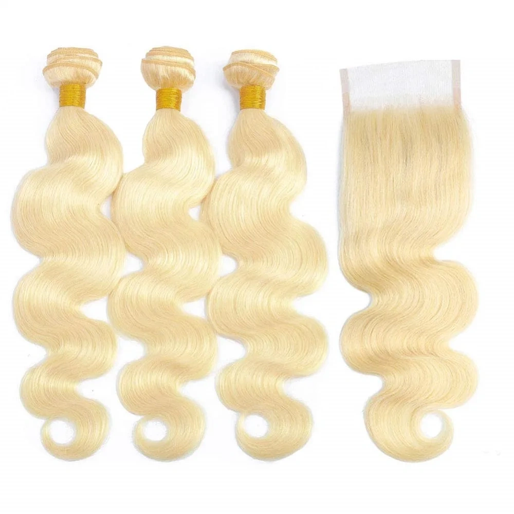 613 BlondeRemy Hair Bundles With Closure Blonde Human Hair Bundles With Closure  Body Wave 3 Bundles With Closure