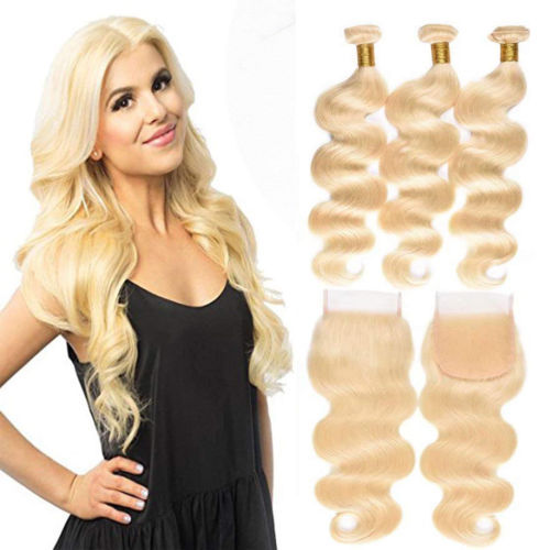 613 BlondeRemy Hair Bundles With Closure Blonde Human Hair Bundles With Closure  Body Wave 3 Bundles With Closure