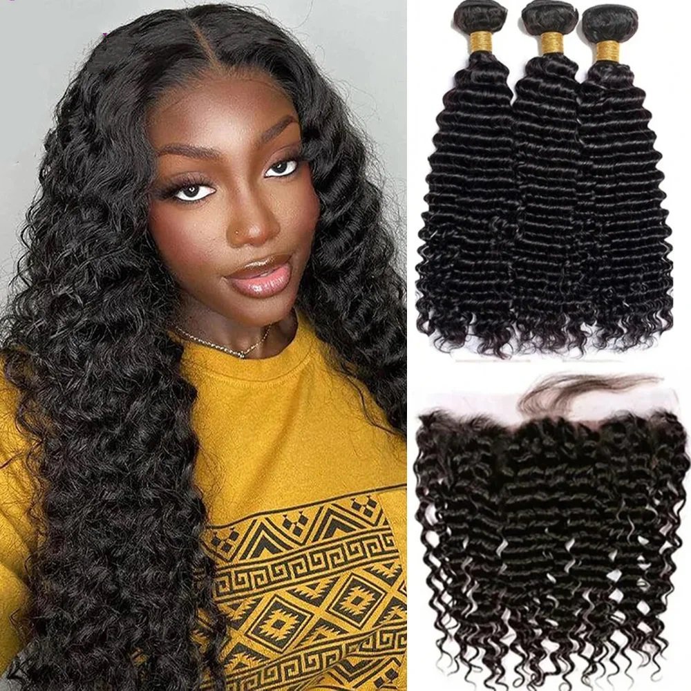 10A Deep Wave Bundles With Frontal Natural Black  Human Hair Bundles With Frontal 13x4 Lace Brazilian Real Hair For Black Women