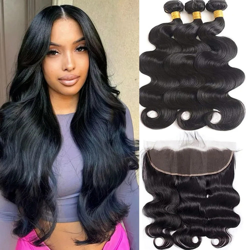 10A Body Wave Hair Bundles With Frontal Human Hair Bundles With Frontal Brazilian Hair Weaving With 13X4 Lace Hair Extensions
