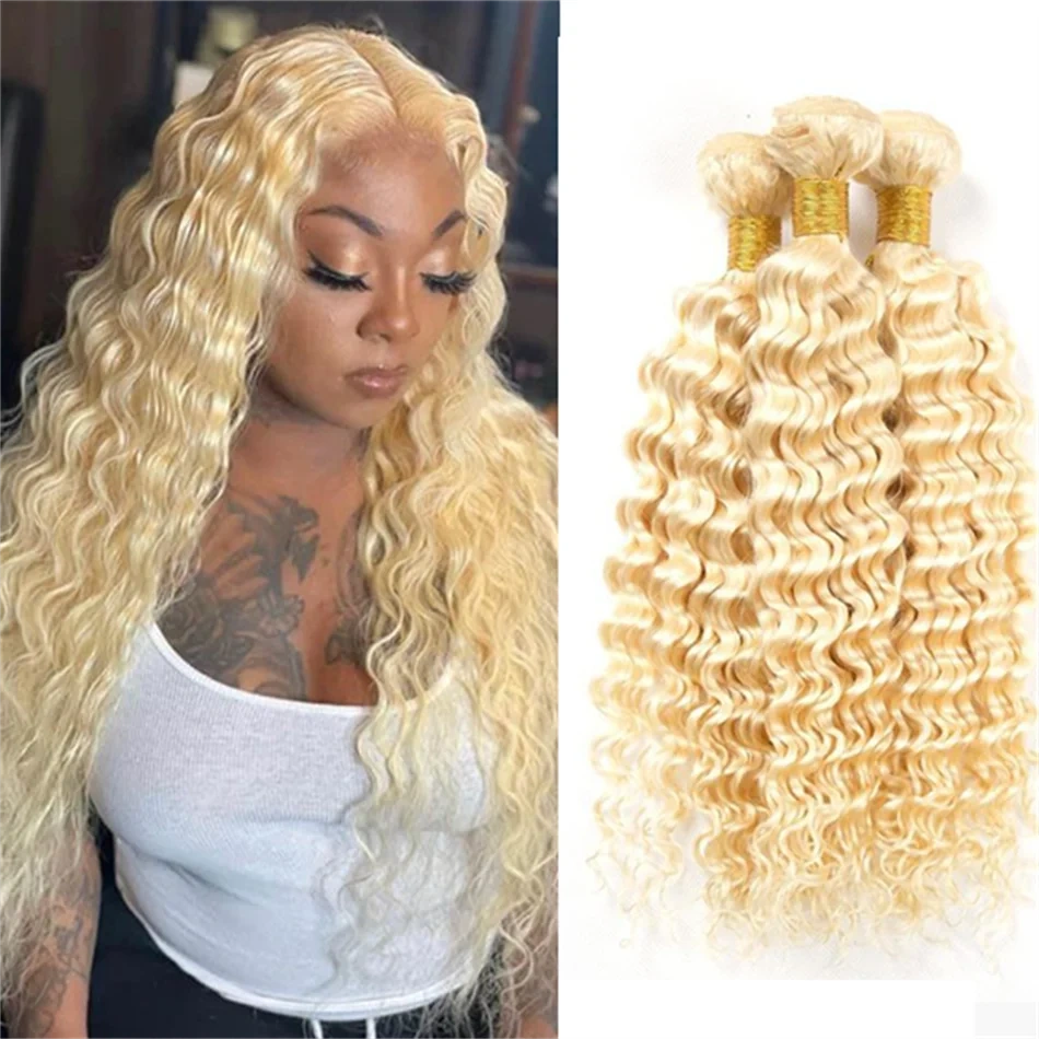 Deep Wave Hair Weave 613  Blonde Bundles Remy Human Hair 26 28 30 Inch Remy Extensions Hair For Women