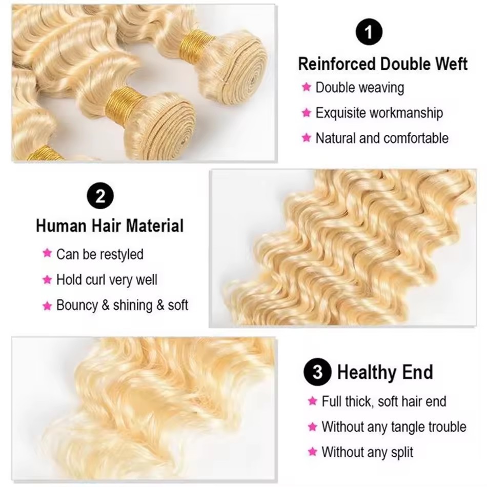 Deep Wave Hair Weave 613  Blonde Bundles Remy Human Hair 26 28 30 Inch Remy Extensions Hair For Women