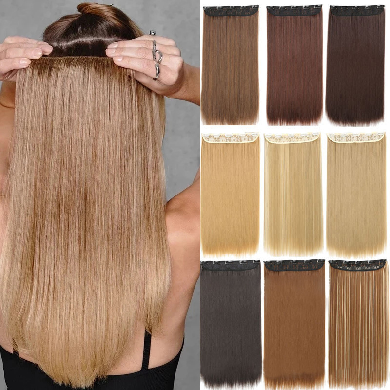 Synthetic Long Straight  5 Clip In Hair Extensions Heat Resistant Hairpiece Brown One Piece Synthetic Hair For Women