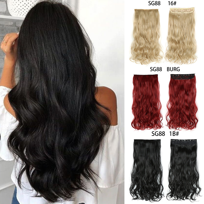 Synthetic  one piece 5 Clips Long Wave Hair Extensions Clips in High Temperature Fiber extensuon Black Brown Hairpiece