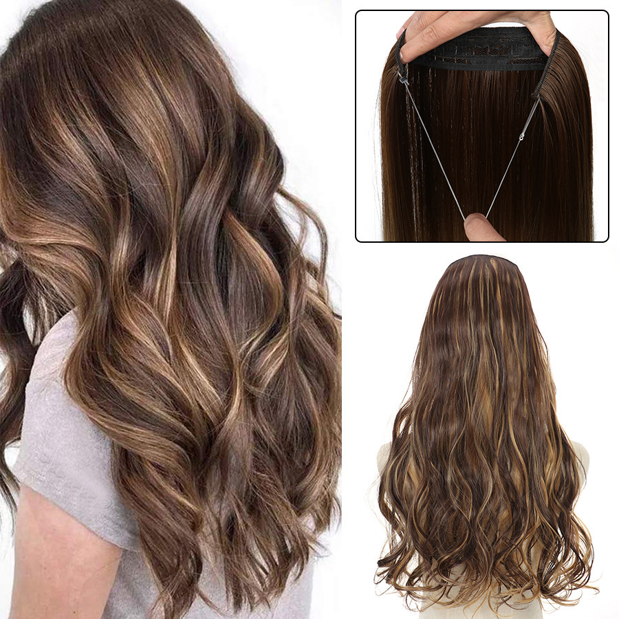 Synthetic  22 Inches No Clips In Natural Hidden Secret False Hair Piece Hair Extension Long Wavy Fish Line Hair Extensions