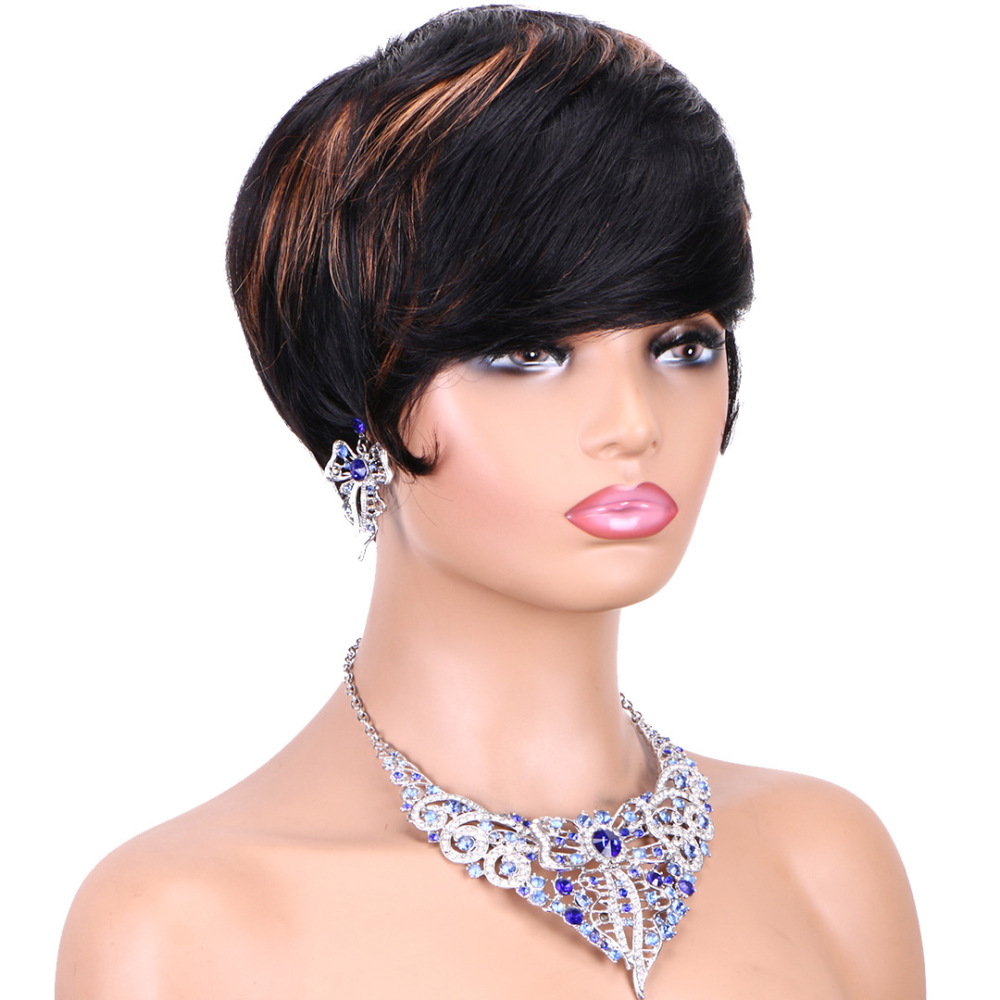 Full Machine Made Short Human Hair Wigs Pixie Cuts Straight Black Wigs Human Hair Wigs for Women