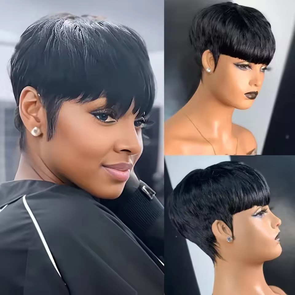 Full Machine Made Short Human Hair Wigs Pixie Cuts Straight Black Wigs Human Hair Wigs for Women