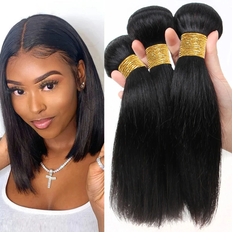 Short  Indian Remy Human Hair Bundles Natural Black For Women Bone Straight Hair Weft Extensions  Bundles