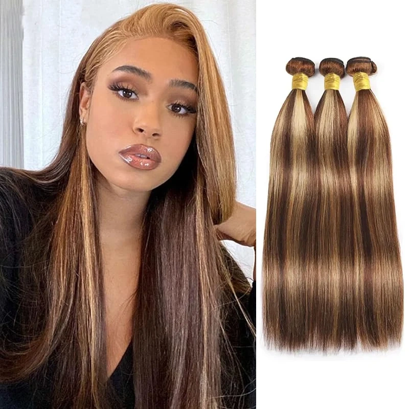 P4/27 Human Hair Bundle Highlight Pre-colored Wefts Dark Brown With Honey Blonde 3Pcs Remy Brazilian Hair Extension