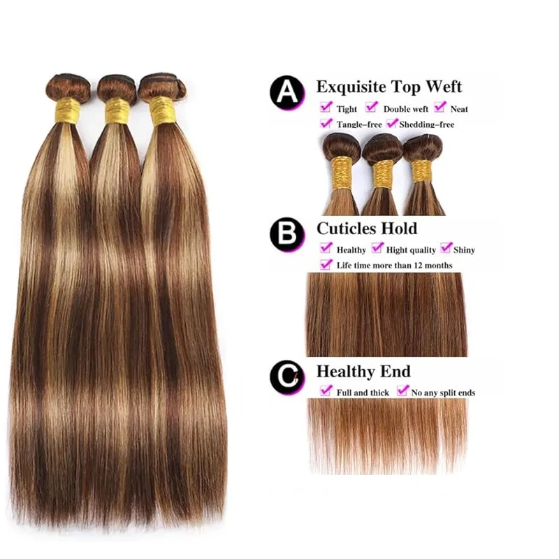 P4/27 Human Hair Bundle Highlight Pre-colored Wefts Dark Brown With Honey Blonde 3Pcs Remy Brazilian Hair Extension