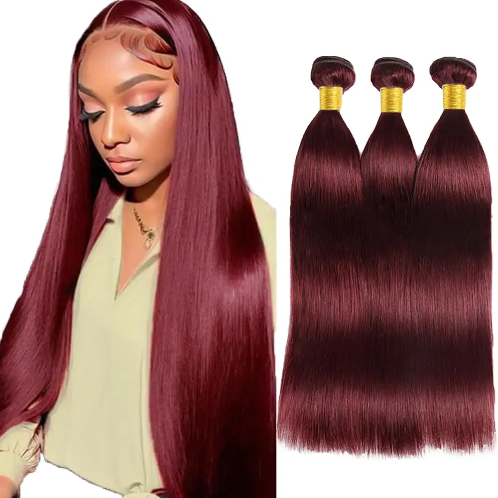 Wine Red Straight  99J Remy Human Hair Bundles 100% Human Hair  Weft 3 4 Bundles Remy Hair Weft Extension