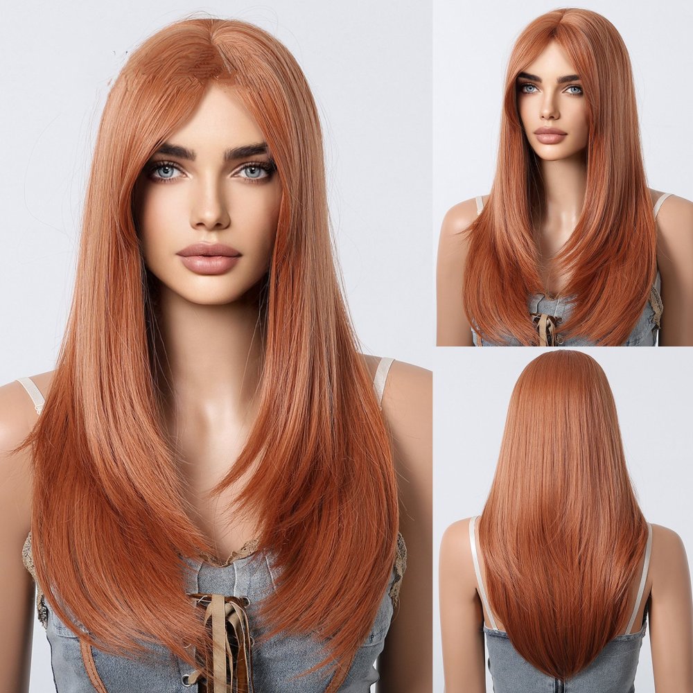Auburn  Highlight Synthetic Wigs Long Silk Straight Wig  Middle Part Natural Brown Daily Wig Heat Resistant