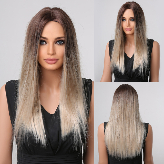 Mid Part  Synthetic Wigs Long Silk Straight Wig  Machine Made Natural BlackDaily Wig Heat Resistant Wigs