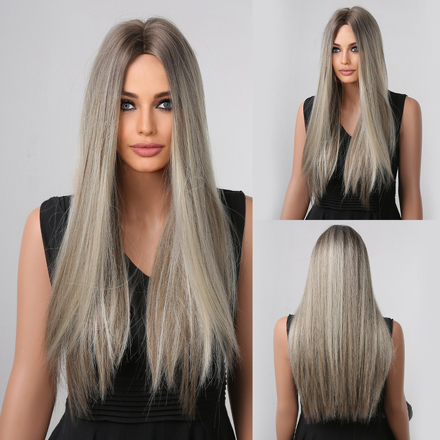 Mid Part  Synthetic Wigs Long Silk Straight Wig  Machine Made Natural BlackDaily Wig Heat Resistant Wigs